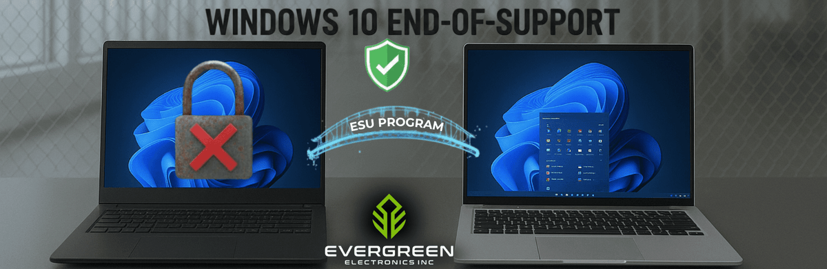 Illustration showing Microsoft’s Windows 10 End of Support and Extended Security Updates (ESU) program, highlighting the transition to Windows 11 and ongoing security updates for eligible devices.