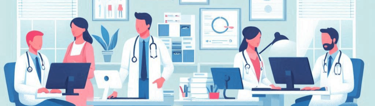 Illustration of a doctor's office where everyone is using a refurbished computer.