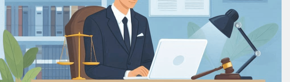 An illustration of a law firm worker using a computer.