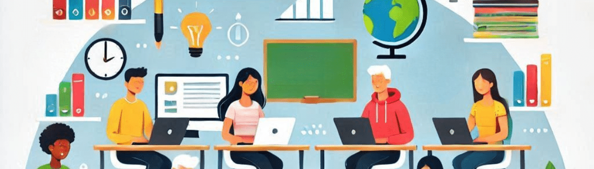 an illustrated image of students at school using computers.