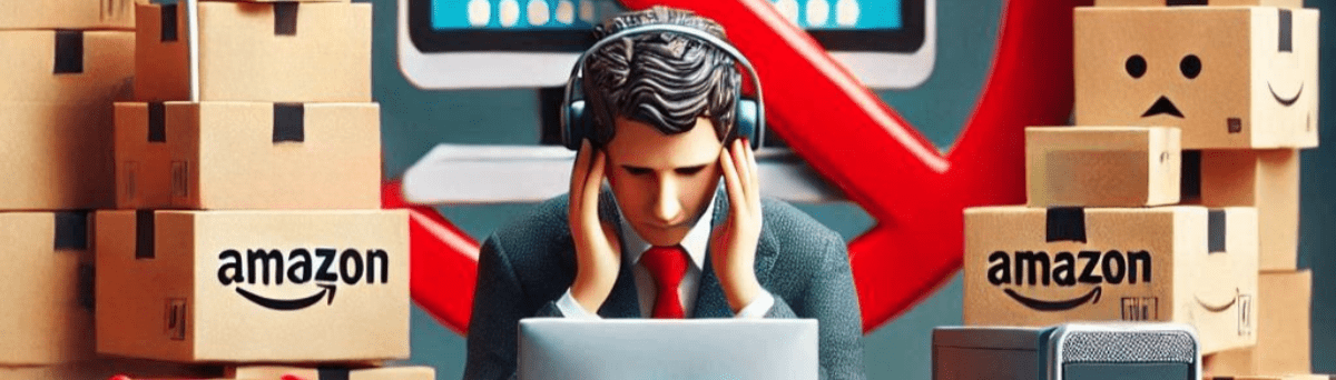 Image of an office worker looking overwhelmed while surrounded by Amazon boxes.