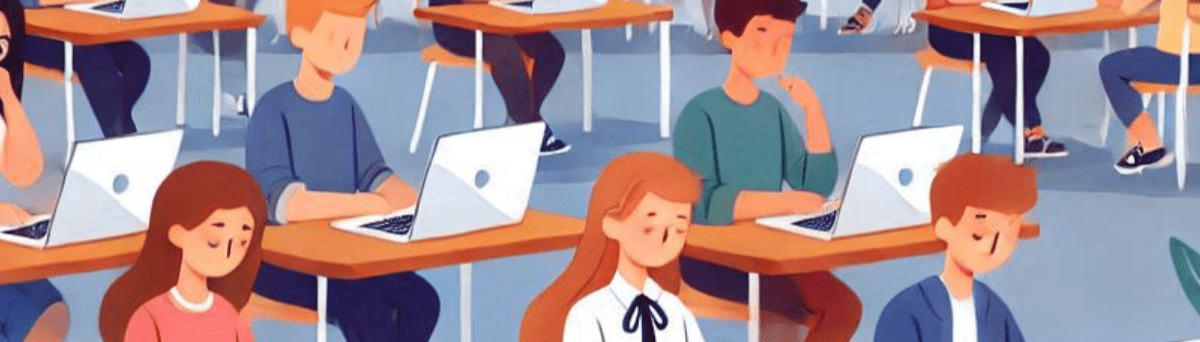 Illustration of students working on laptops.