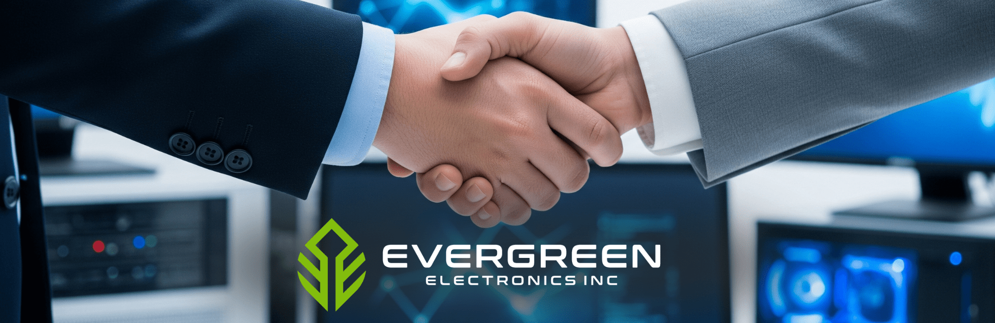 Two people of busines shaking hands with the Evergreen Electronics logo.