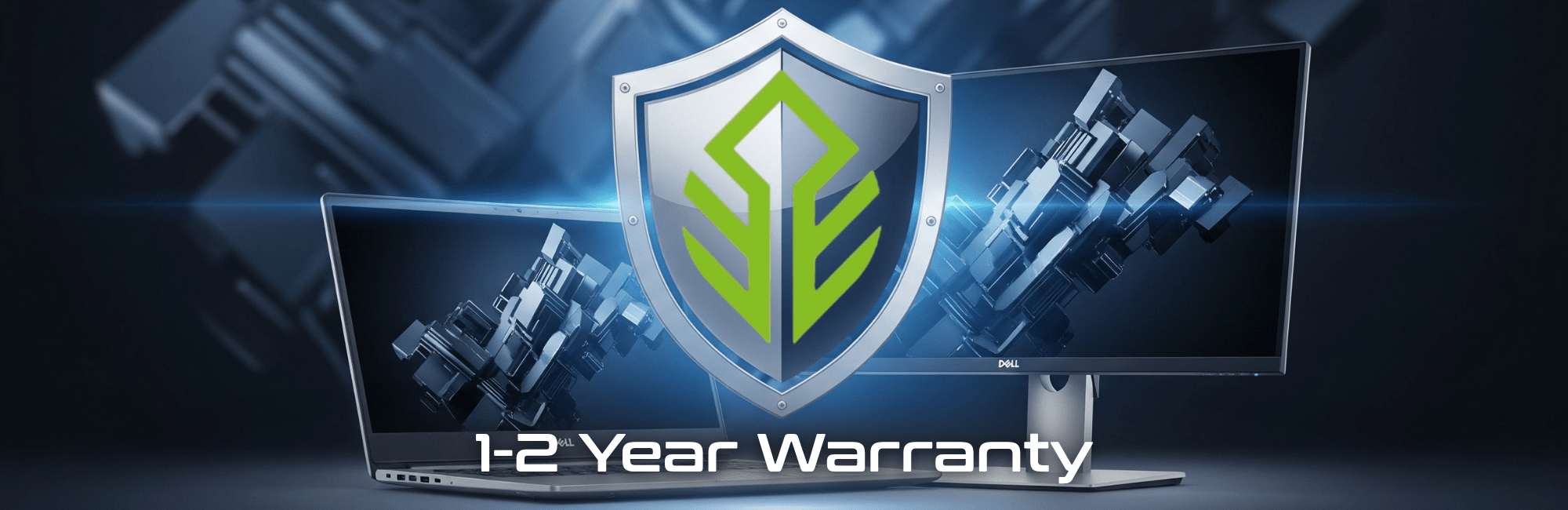 Shield Emblem with Evergreen Electronics Logo icon in the center, the words 1-2 year warranty are right below it.