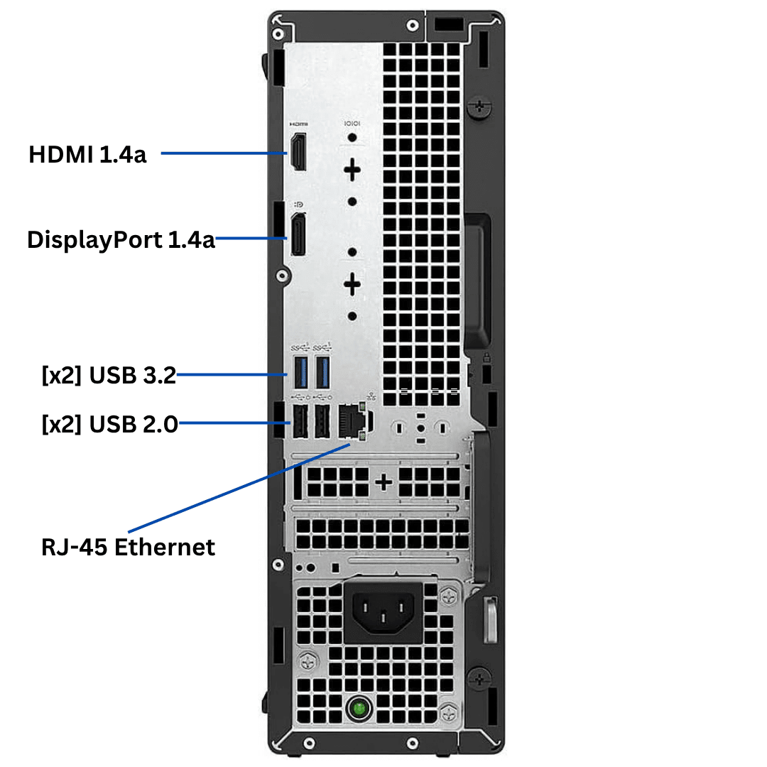 Rear view of a black and silver OptiPlex 7010 SFF desktop computer tower with labeled port callouts including HDMI 1.4a, DisplayPort 1.4a, USB 3.2, USB 3.1 and RJ-45 Ethernet.
