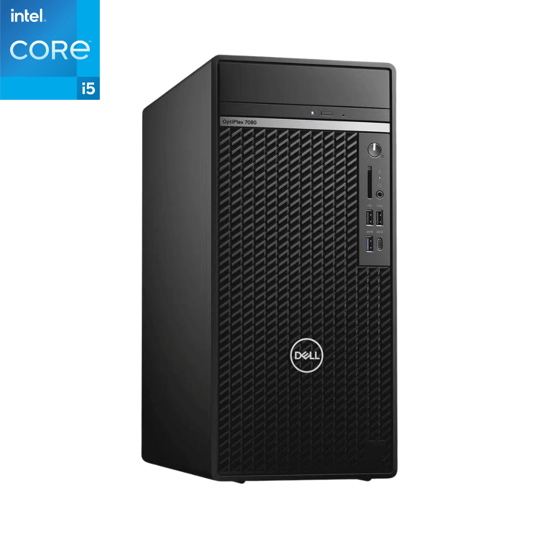 Delloptiplex 7080 tower with Intel Core i5 gen 10 badge on a white background