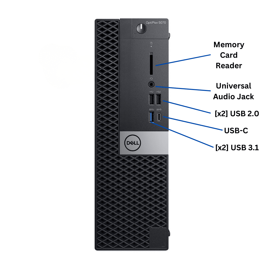 Front-facing view of an Dell OptiPlex 5070 Small Form Factor Desktop port diagram, with all visible ports clearly labeled.