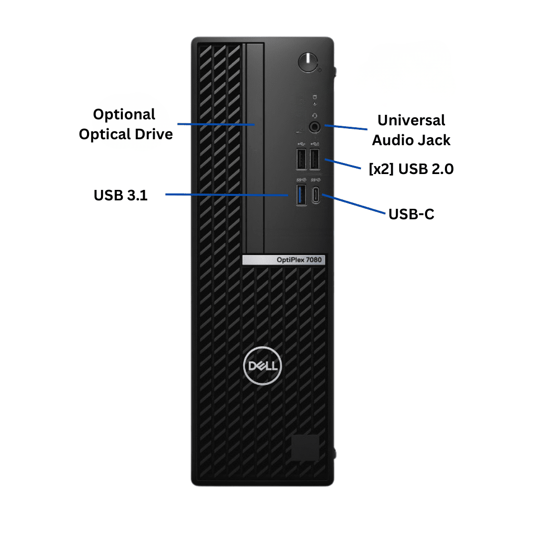 Front-facing view of Dell OptiPlex 7080 Small Form Factor Desktop Port Diagram, with all front-side ports clearly labeled.