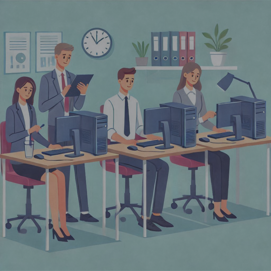 Illustration of corporate office workers using desktops at their desks.