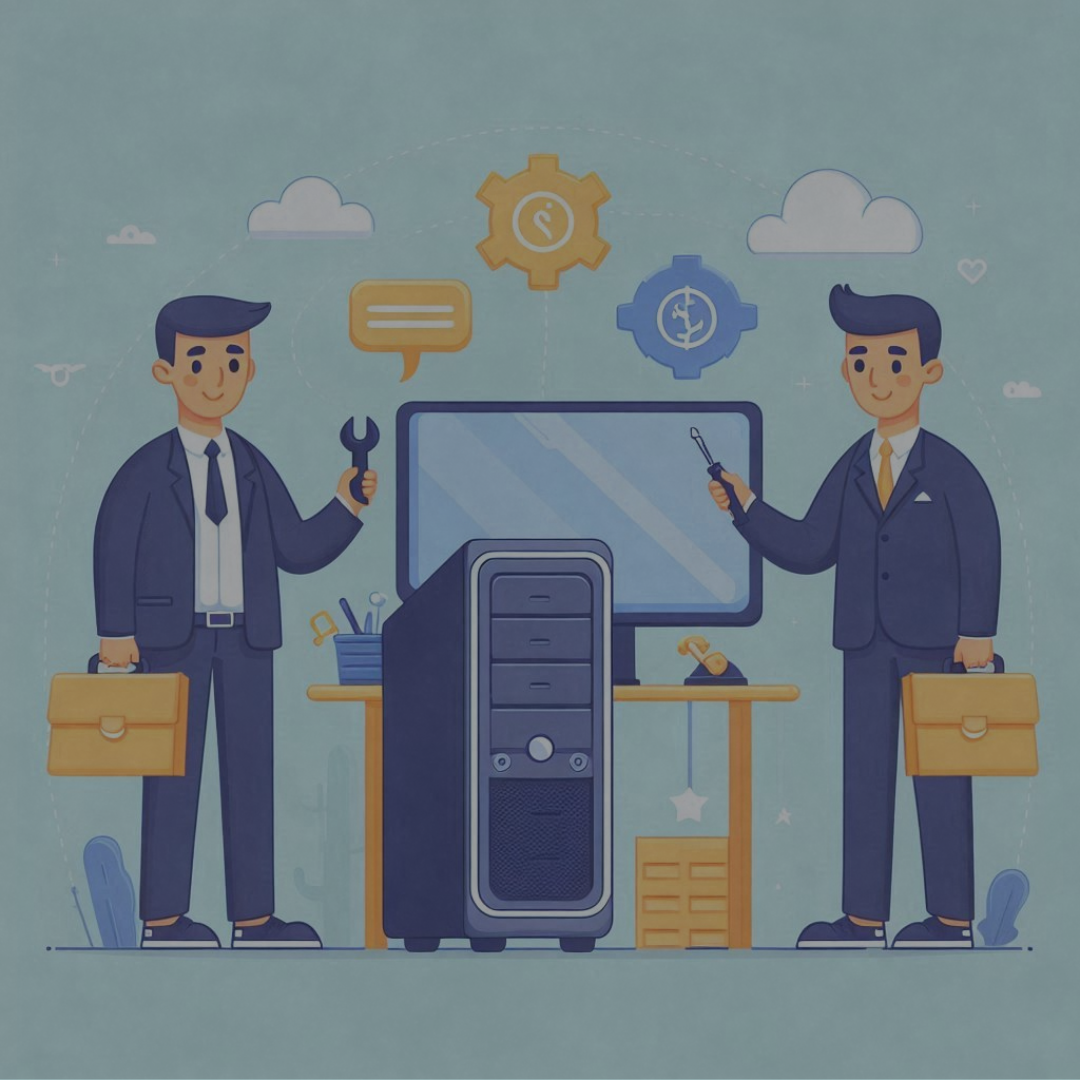 Illustrated image of two reseller employees fixing up a refurbished
desktop computer for a client.