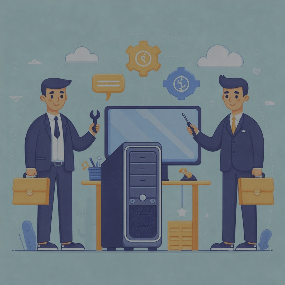 Illustrated image of two reseller employees fixing up a refurbished
desktop computer for a client.