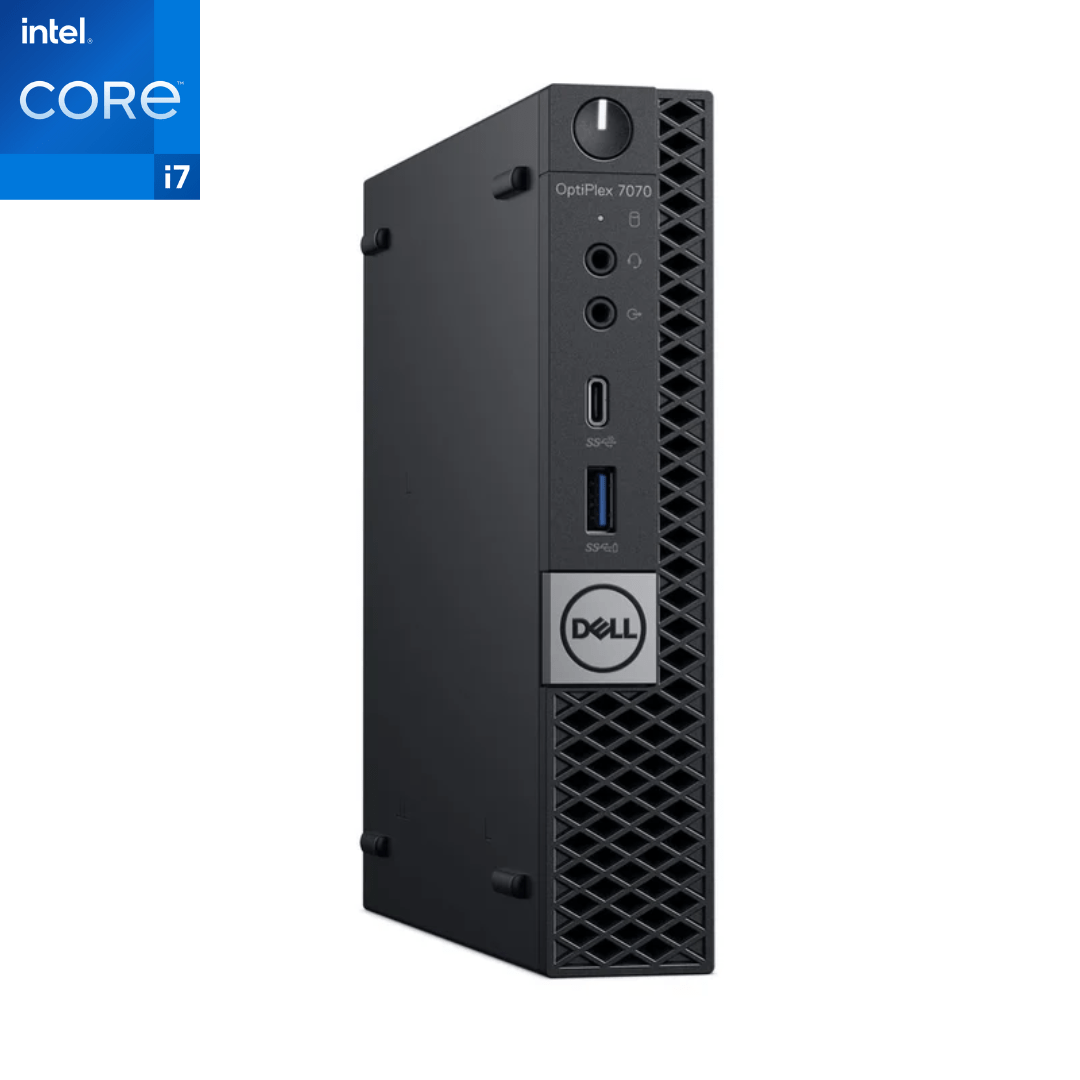 turned to the side, Dell OptiPlex 7070 micro desktop computer on a white background with Intel Core i7 logo.
