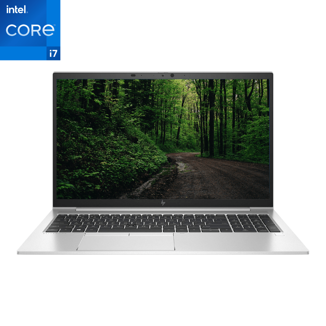 Main, front-facing image of an opened HP EliteBook 850 G8 i7 laptop.