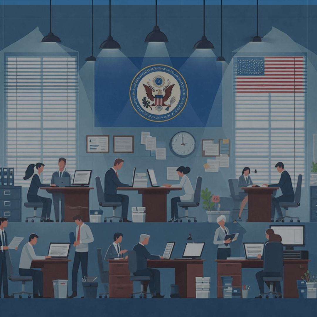 Illustrated image of a busy government branch or agencies where the workers are working on refurbished laptop computers.