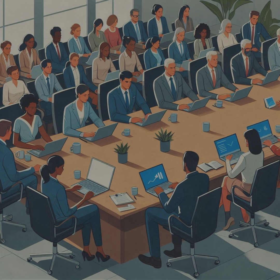 Illustrated image of a corporate office meeting where employees are using refurbished laptops.