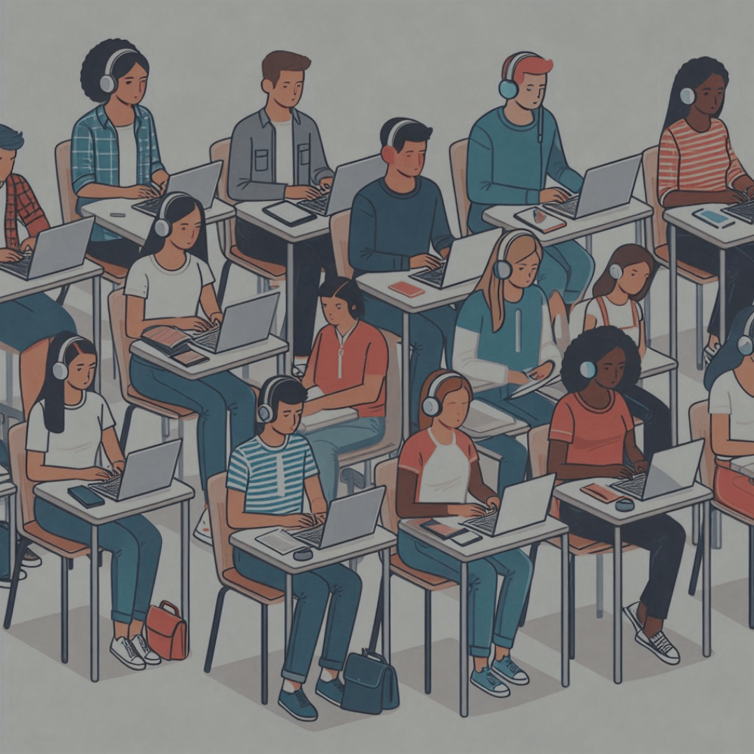 Illustrated image of a classroom full of students, all studying on certified refurbished laptop computers.