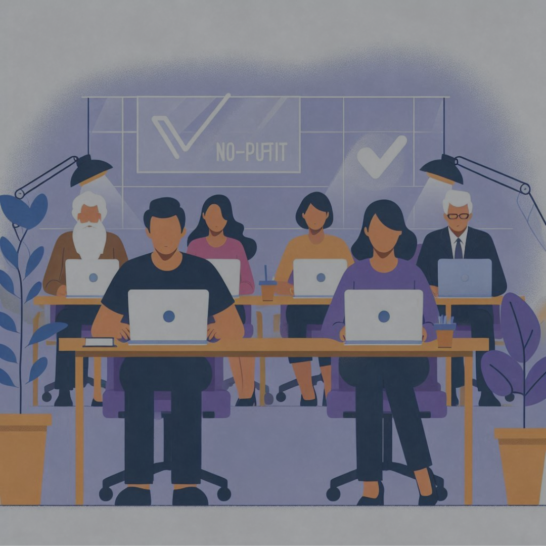 Illustration of a group of non profit workers working on their B2B, certified refurbished, laptops.