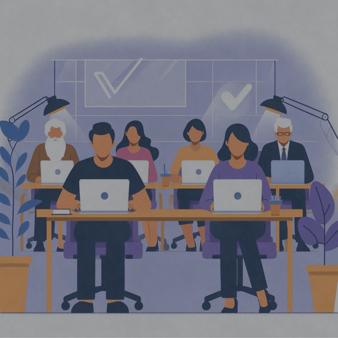 Illustration of a group of non profit workers working on their B2B, certified refurbished, laptops.