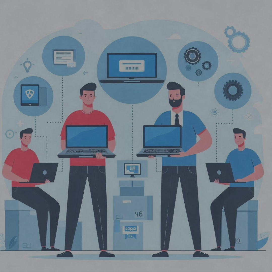 An illustration of a group of resellers presenting certified refurbished laptop computers for sale.