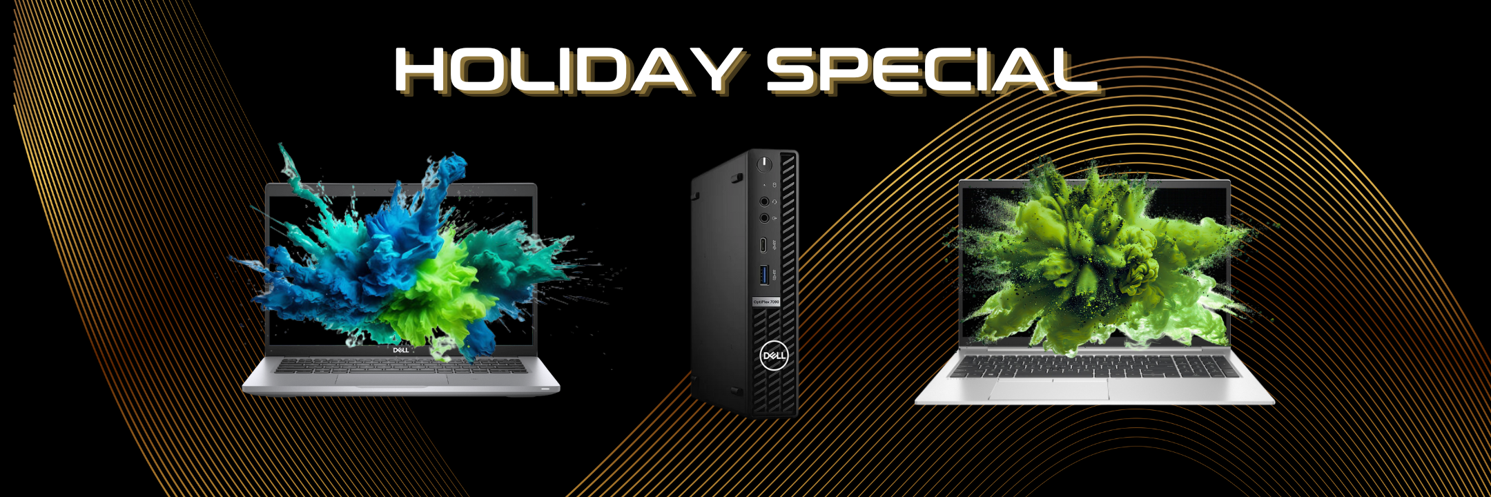 Advertisement for a holiday special with two laptops and a desktop on a black background.