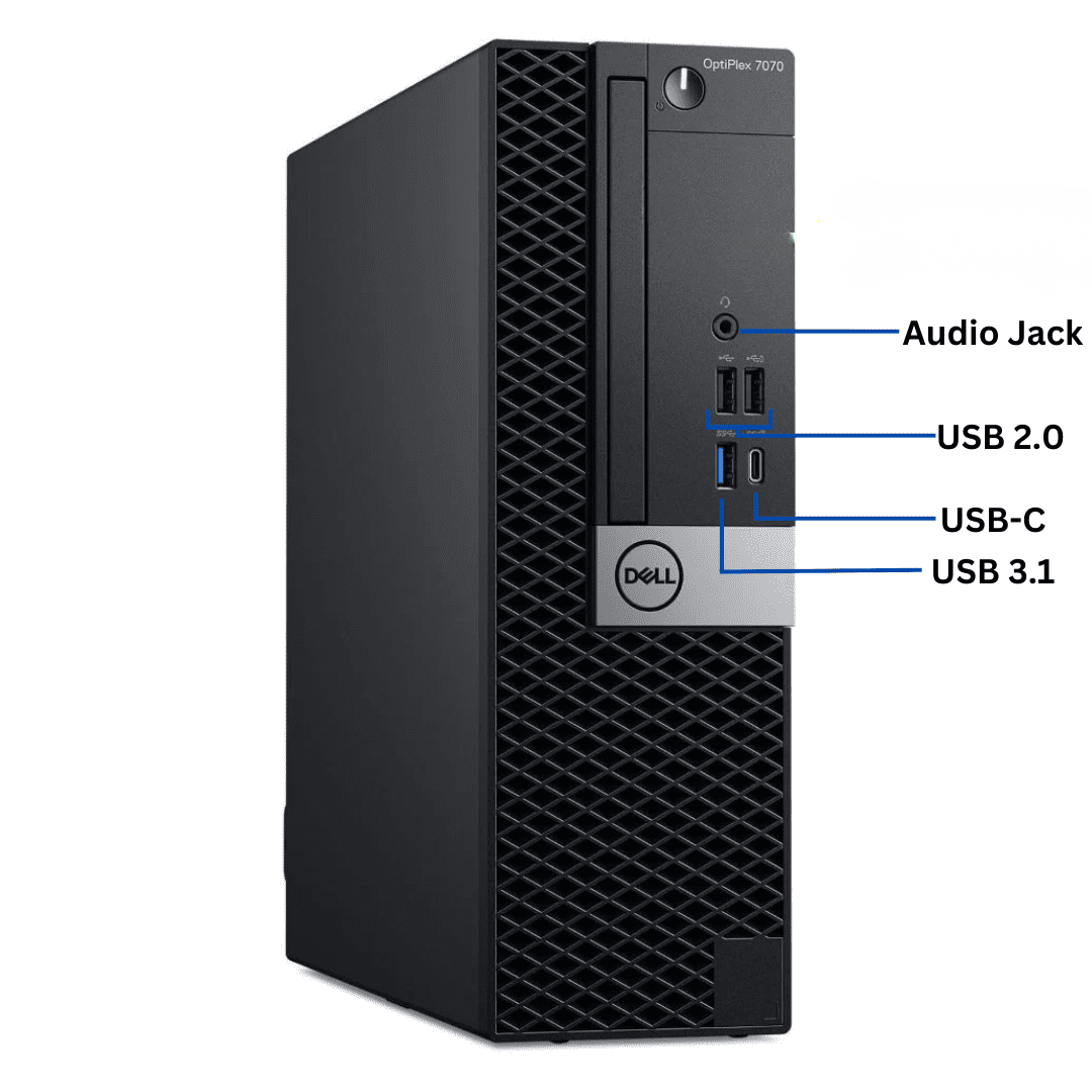 Front view of the Dell OptiPlex 7070 Small Form Factor Desktop port diagram, with all front-side ports clearly labeled.