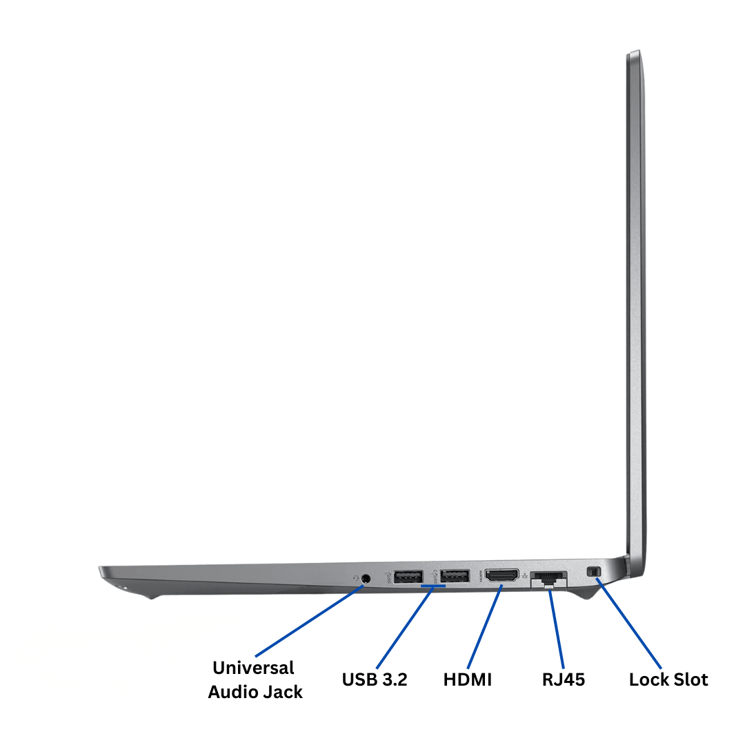 Right-side view of an opened Dell Latitude 5530 laptop port diagram, with all ports visible and clearly labeled.