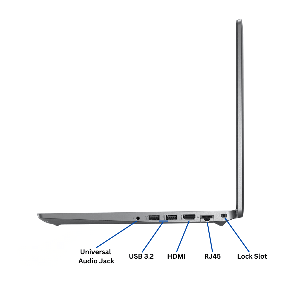 Right-side view of an opened Dell Latitude 5530 laptop port diagram, with all ports visible and clearly labeled.