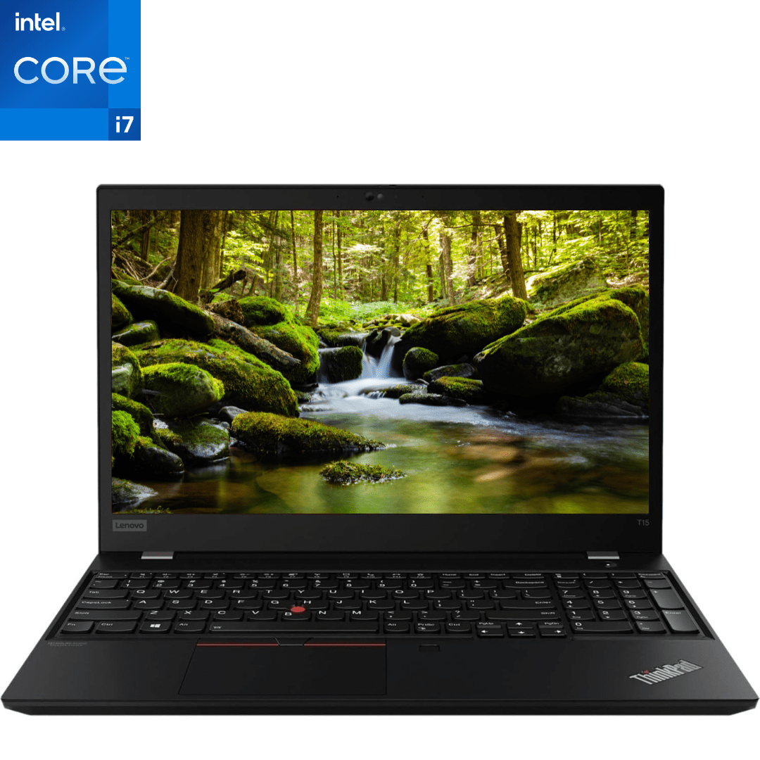 Main Front-facing image of opened Lenovo ThinkPad T15 i7 Gen 1 laptop.