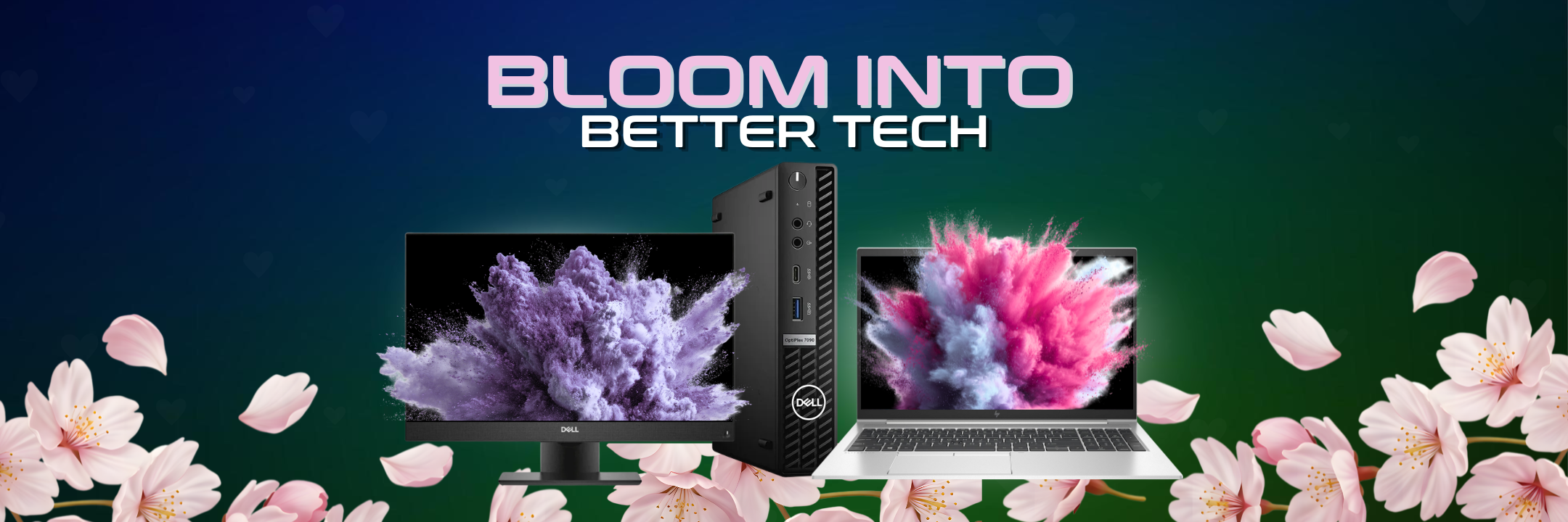 Laptop and desktop with floral design on screen against a dark blue background with flowers.