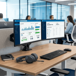 Dual Dell monitors on a call center desk with a notebook, mouse, keyboard and headset.