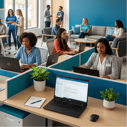 non-profit workers in an office at their cubicles working on Dell laptops