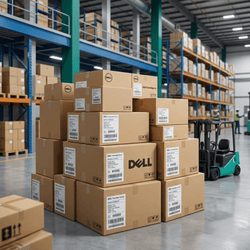 A stack of Dell labeled boxes in a reseller warehouse with a forklift and workers in the background.