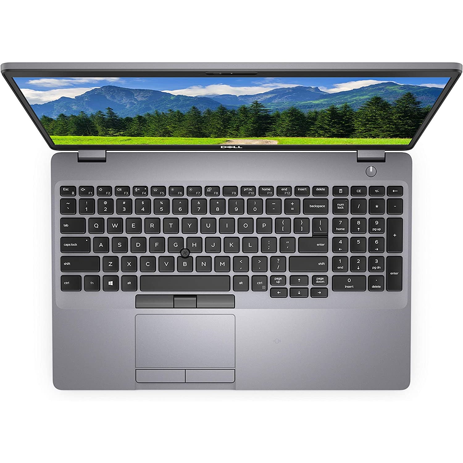 Overhead view of an opened Dell Latitude 5510 Laptop with view of keyboard and trackpad.