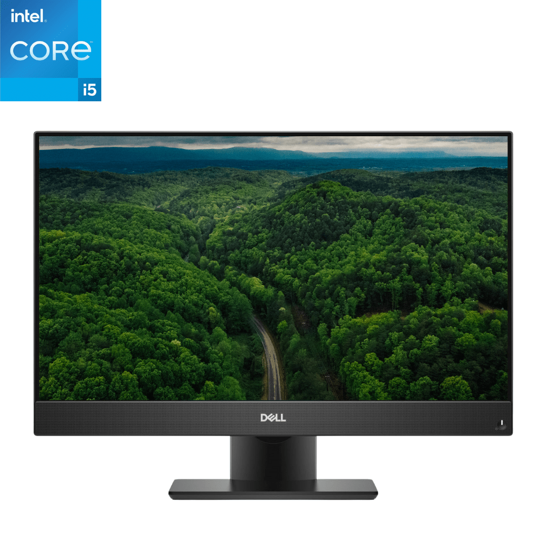 Front-facing view of an upright Dell OptiPlex 7470 i5 All in One Computer, with the screen depicting a desktop background of a lush green forest.