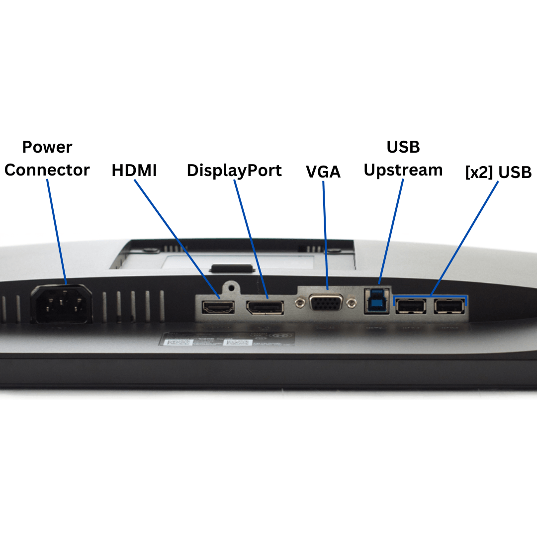 Under-rear view of a facedown Dell Professional P2219H Monitor port diagram, with all visible ports clearly labeled.