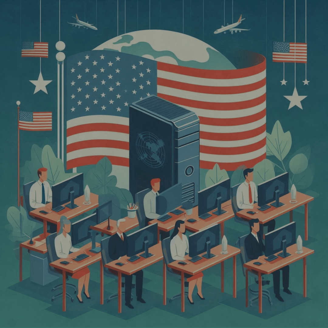 Illustration of government workers using desktops at their desks.