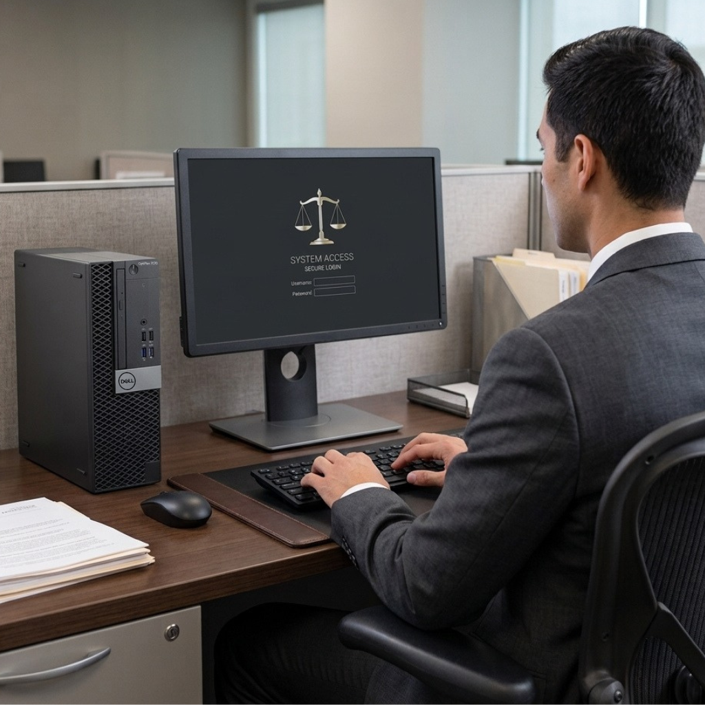 Image of a law firm worker seated at his desk, logging into to his Dell OptiPlex 7070 SFF.