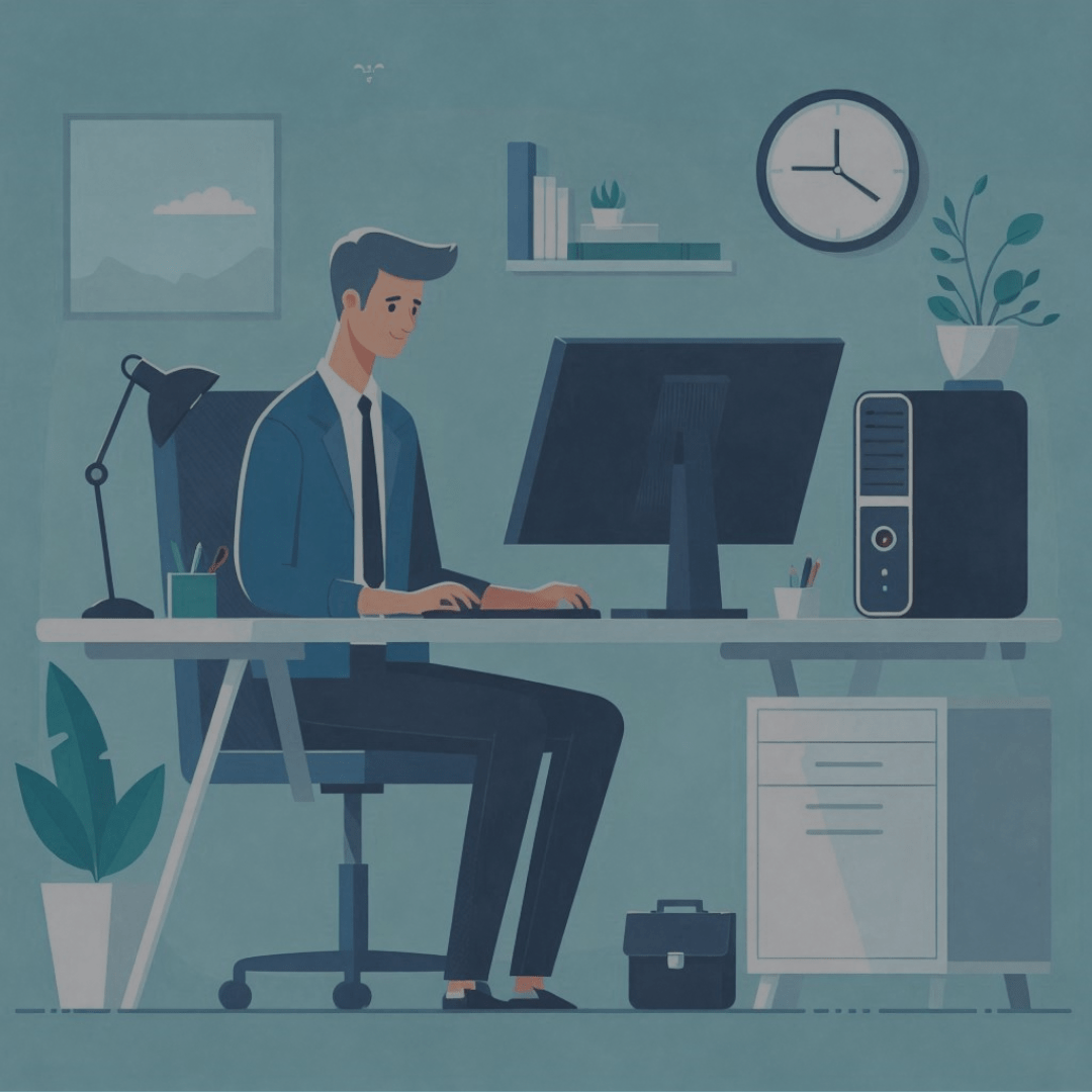Illustrated image of a MSP worker at the computer.
