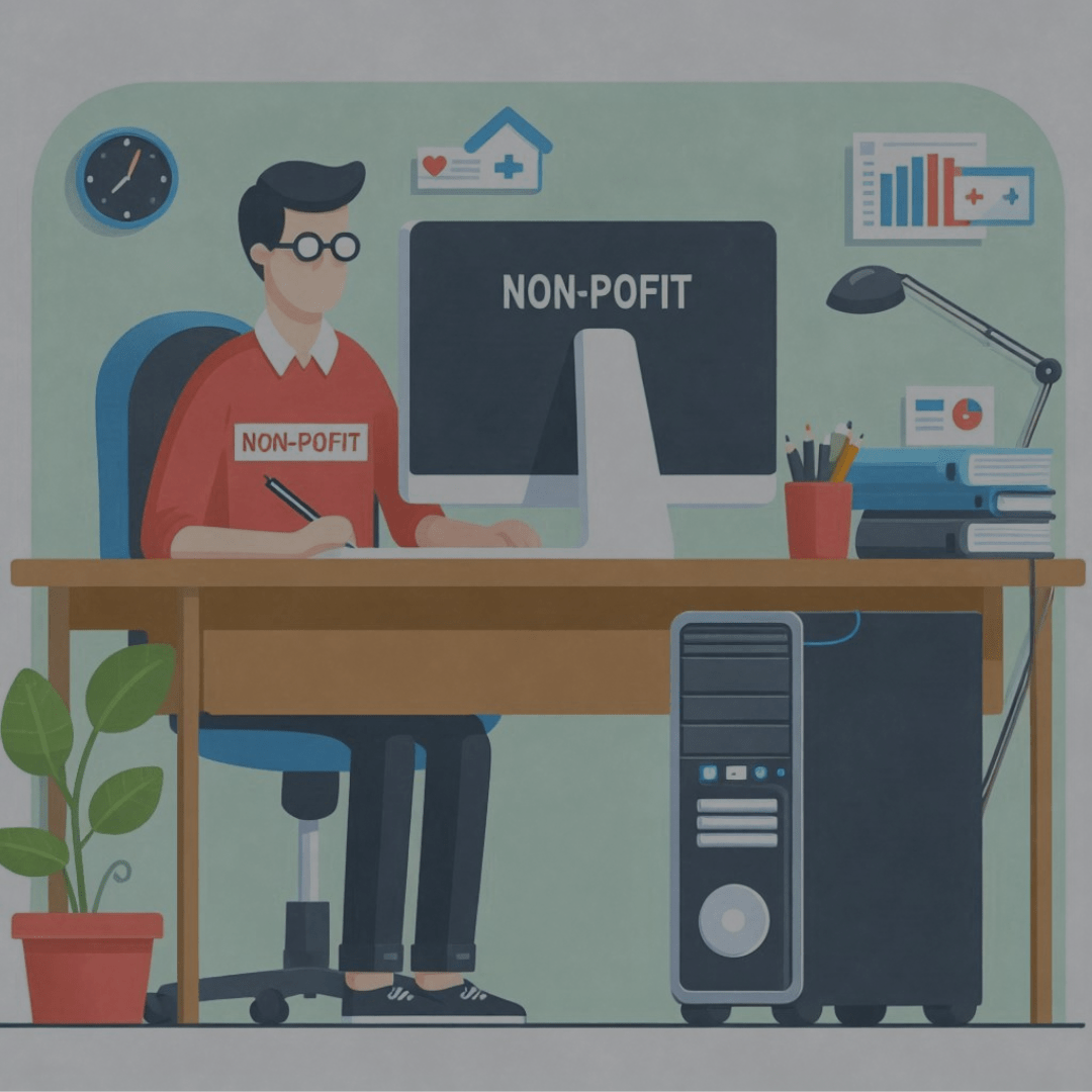 Illustrated image of a non-profit worker using a refurbished desktop computer.