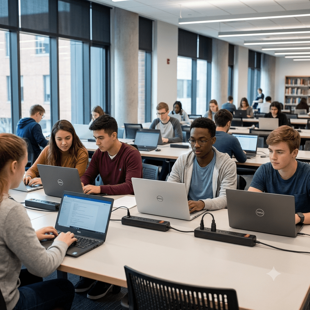 Students working at a table in a modern library or study room, each using a laptop. Several laptops show the Dell logo, and power strips sit on the table in front of them.