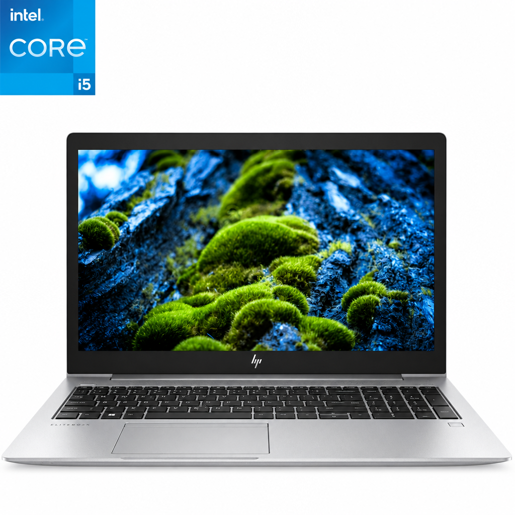 Main, front-facing image of an opened HP EliteBook 850 G6 i5 laptop.