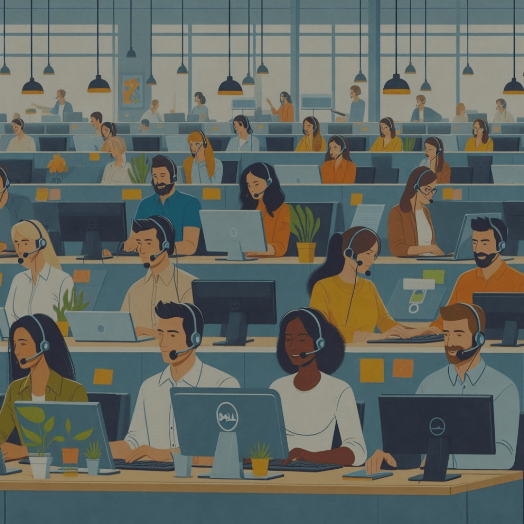 Illustrated image of Call center employees working on refurbished desktop computers.