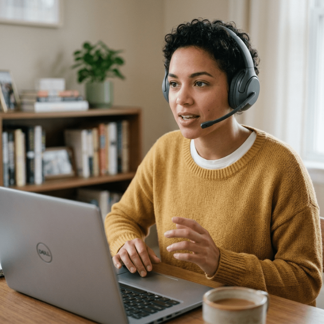 A woman wearing a gray over-ear headset with a microphone sits at a desk using a silver laptop in a home office setting. She is wearing a mustard yellow knit sweater over a white shirt, with a coffee cup on the table in front of her.