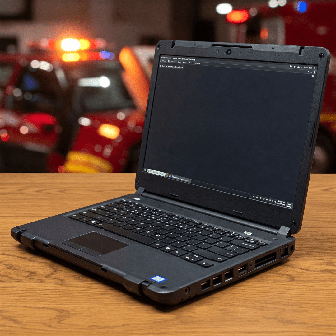 Imaged of a refurbished Dell Rugged laptop computer inside a Firehouse.