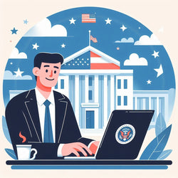 Illustrated image of a government employee enjoying coffee while working on his refurbished laptop computer.