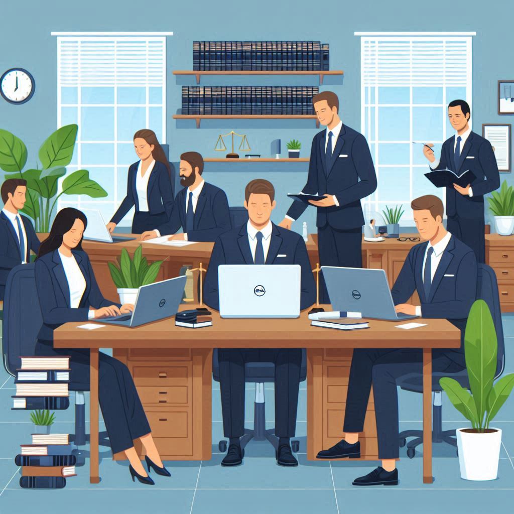 Flat Illustration of attorneys at a law firm working on certified refurbished laptop computers.