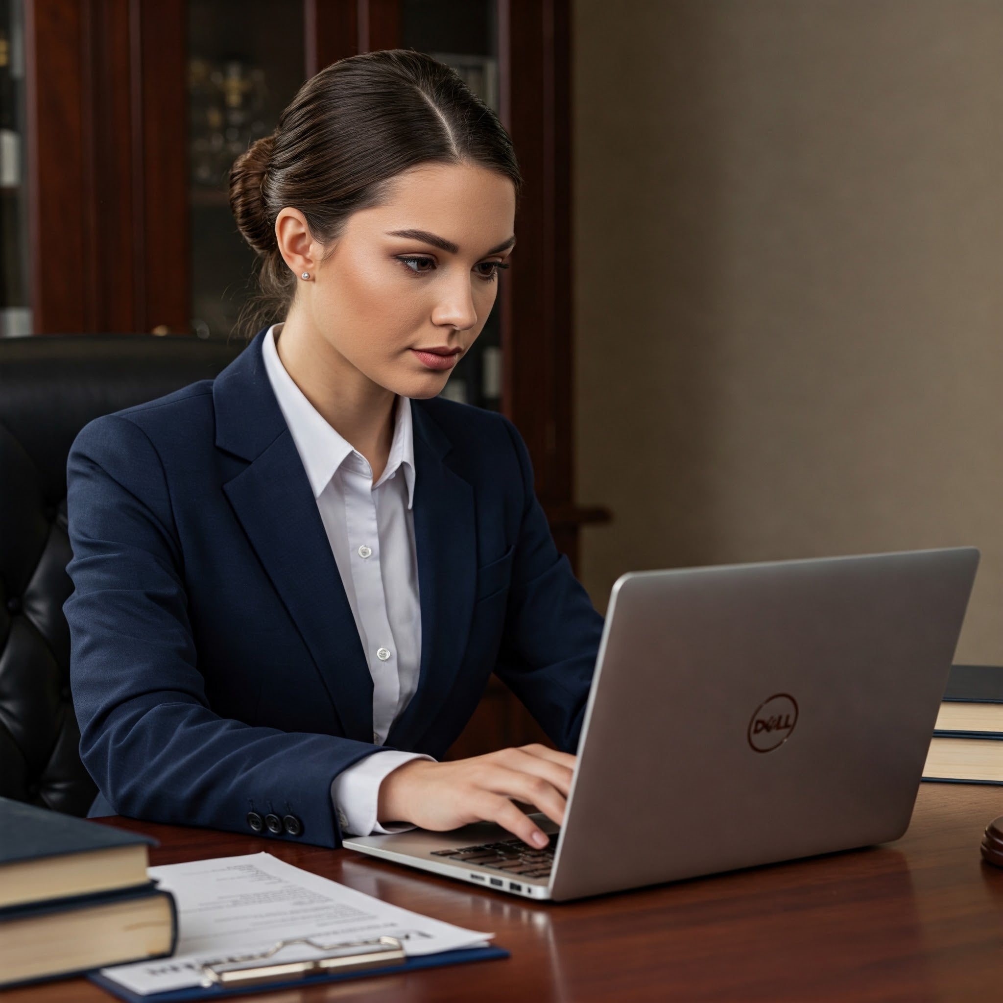 Image of a law firm attorney who is working on a certified refurbished Dell Laptop computer.