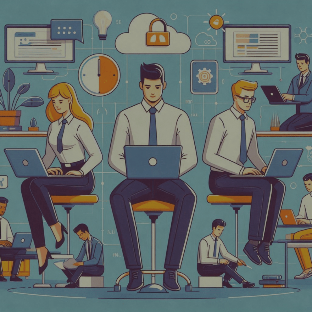 Illustration of MSP employees working on refurbished laptop computers.