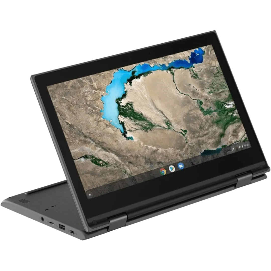 Image of the Lenovo Chromebook 300e 2-in-1 laptop with the touchscreen bent backwards till the keyboard acts as a stand.