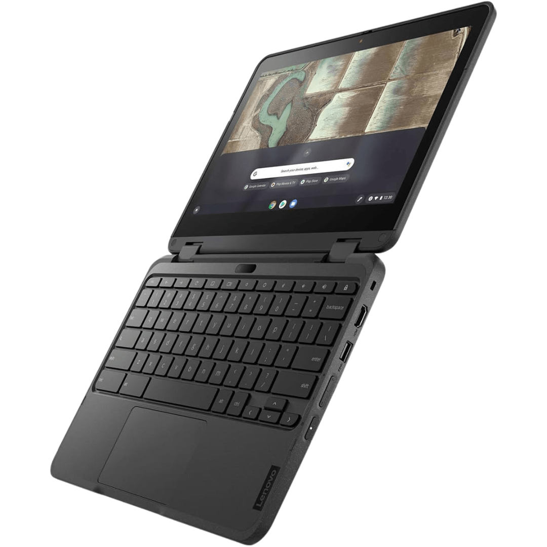 Image of the Lenovo Chromebook 500e G3 2-in-1 laptop with the screen opened all the way till flat.